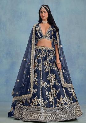 Navy Blue Embroidered Art Silk Lehenga Set