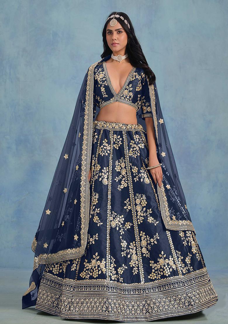 Navy Blue Embroidered Art Silk Lehenga Set - Indya