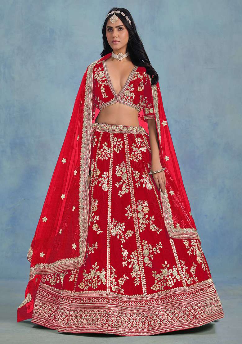Red Blend Art Silk Lehenga Set with Embroidered for Diwali | Wedding & Festive Wear - Indya