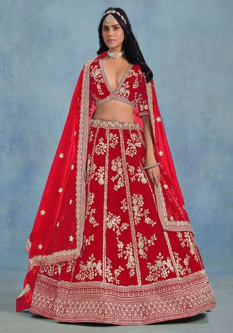 Red Blend Art Silk Lehenga Set with Embroidered for Diwali | Wedding & Festive Wear