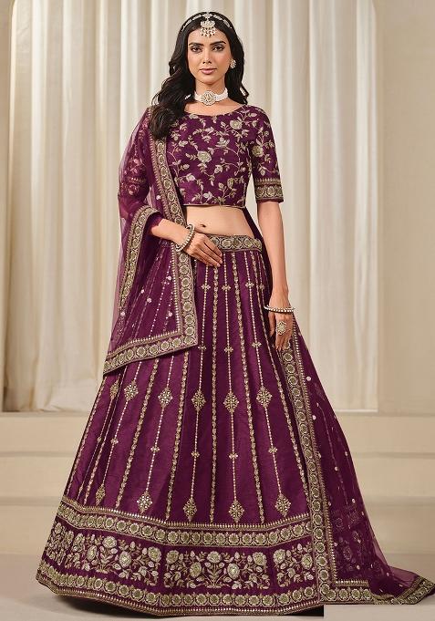 Purple Embroidered Art Silk Lehenga Set — view on Indya