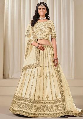 Cream Embroidered Art Silk Lehenga Set