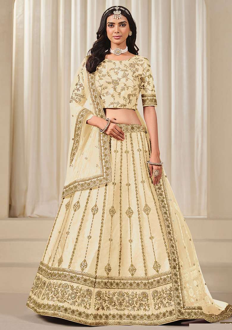 Cream Blend Art Silk Lehenga Set with Embroidered for Diwali | Wedding & Festive Wear - Indya