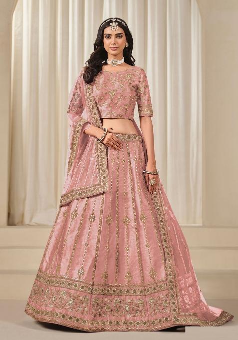 Pink Embroidered Art Silk Lehenga Set — view on Indya