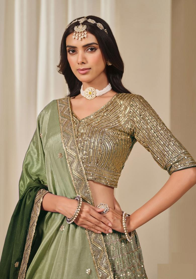 Mehendi Embroidered Chinon Silk Lehenga Set - Indya