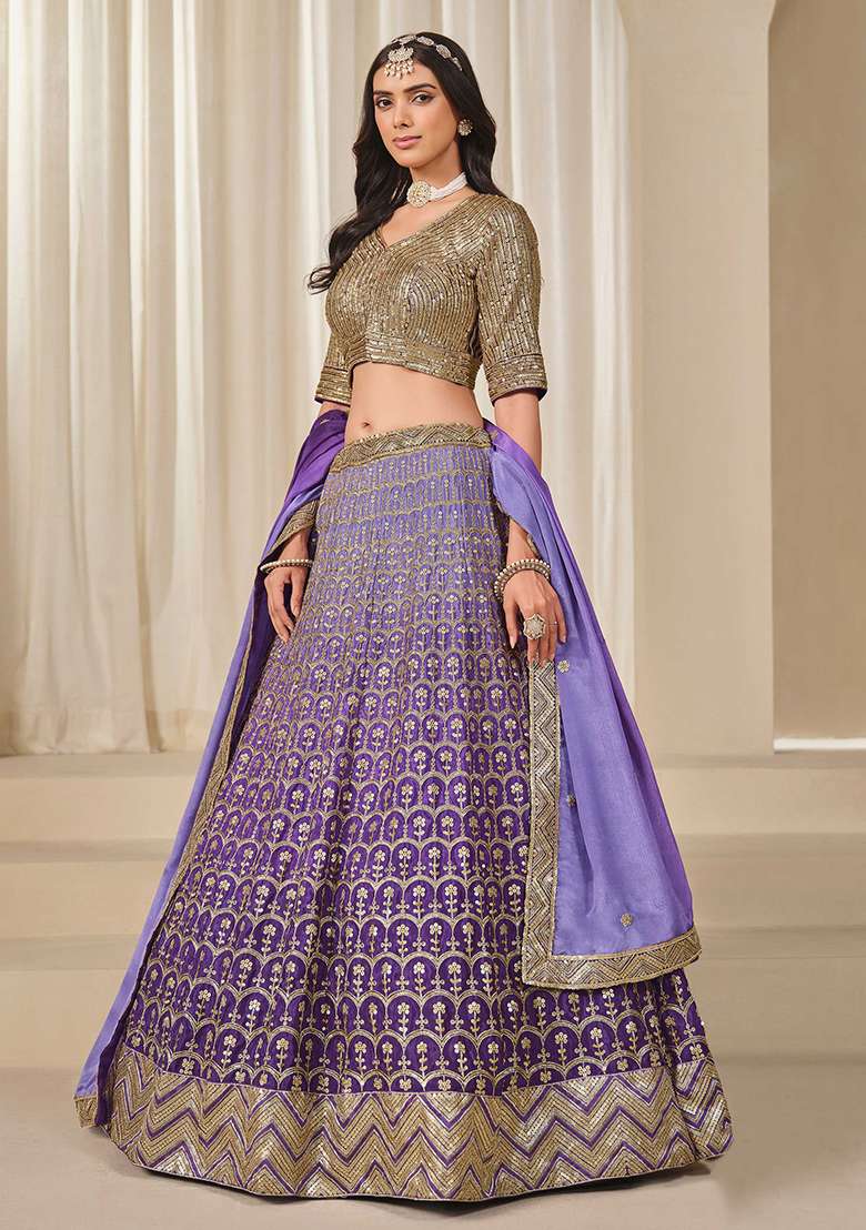 Purple Embroidered Chinon Silk Blend Lehenga Set for Diwali and Festive Wear - Indya