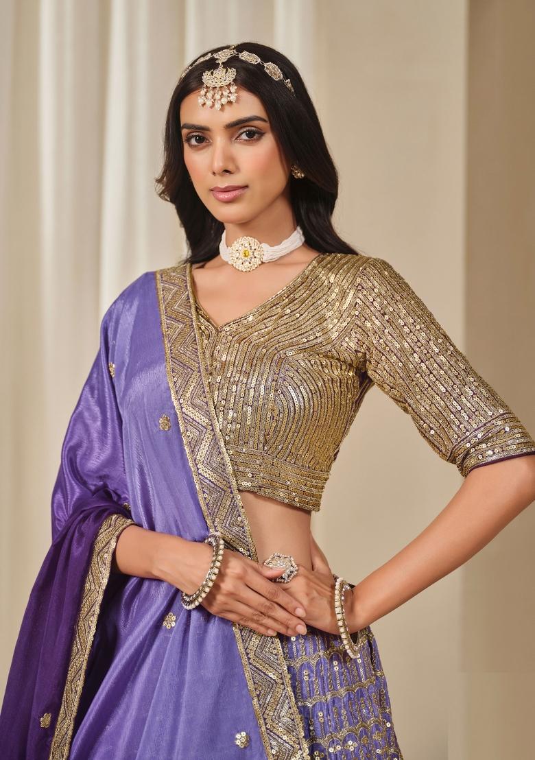 Purple Embroidered Chinon Silk Lehenga Set - Indya