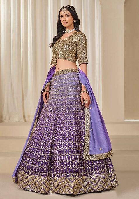 Purple Embroidered Chinon Silk Lehenga Set — view on Indya