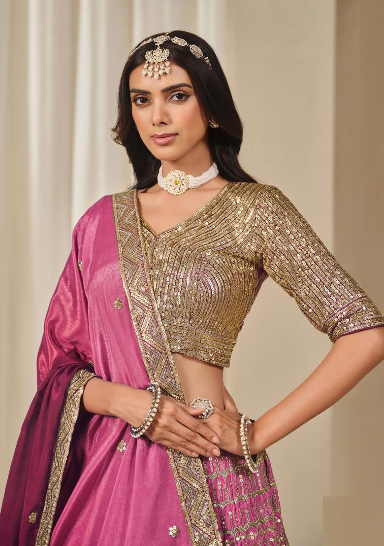 Rani Pink Embroidered Chinon Silk Lehenga Set - Indya