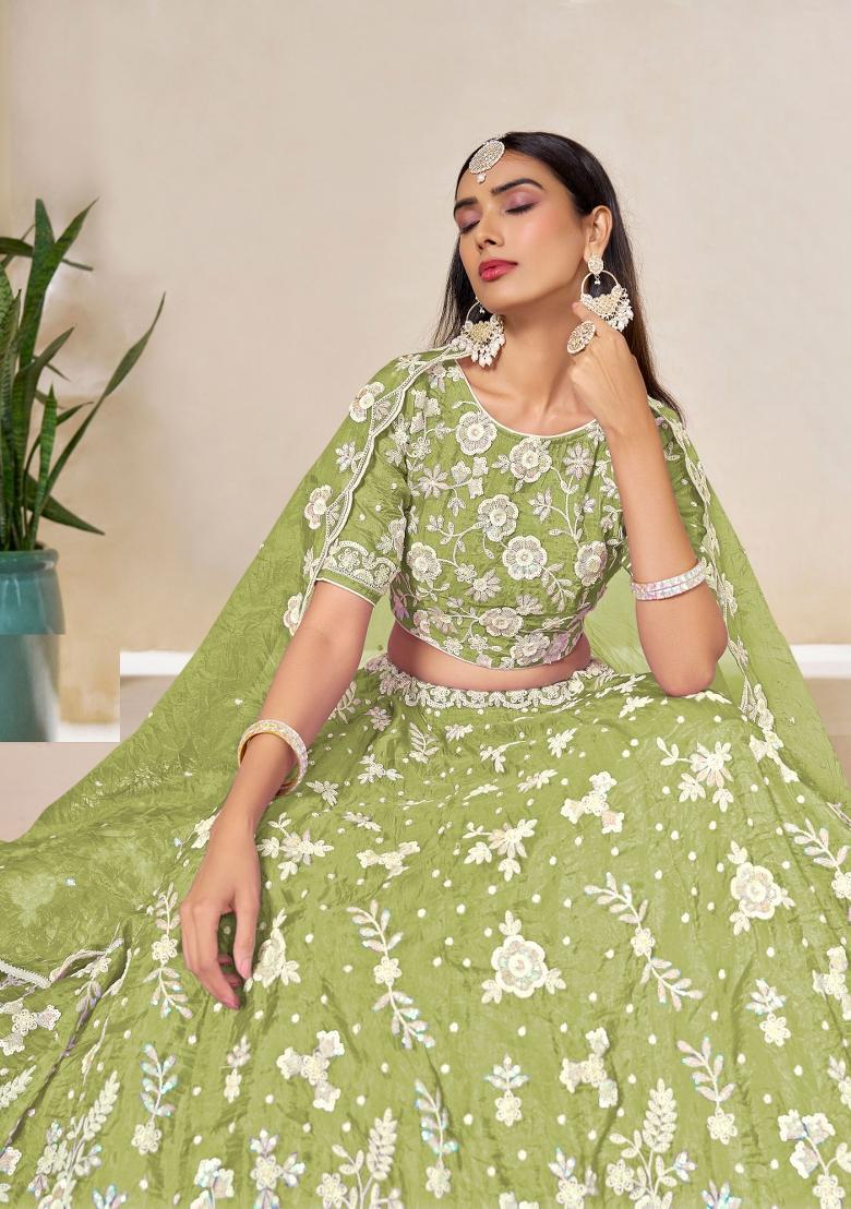 Green Embroidered Organza Lehenga Set - Indya