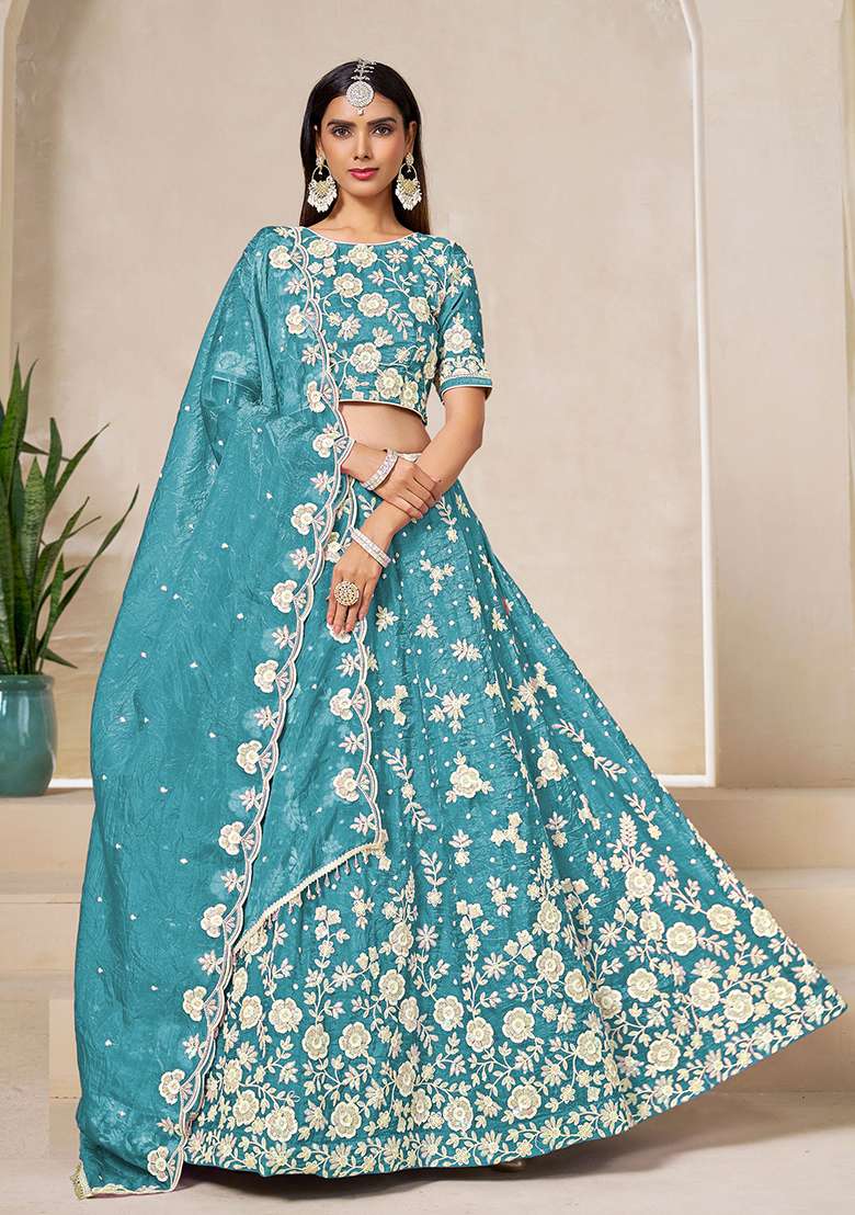 Blue Embroidered Organza Lehenga Set - Indya