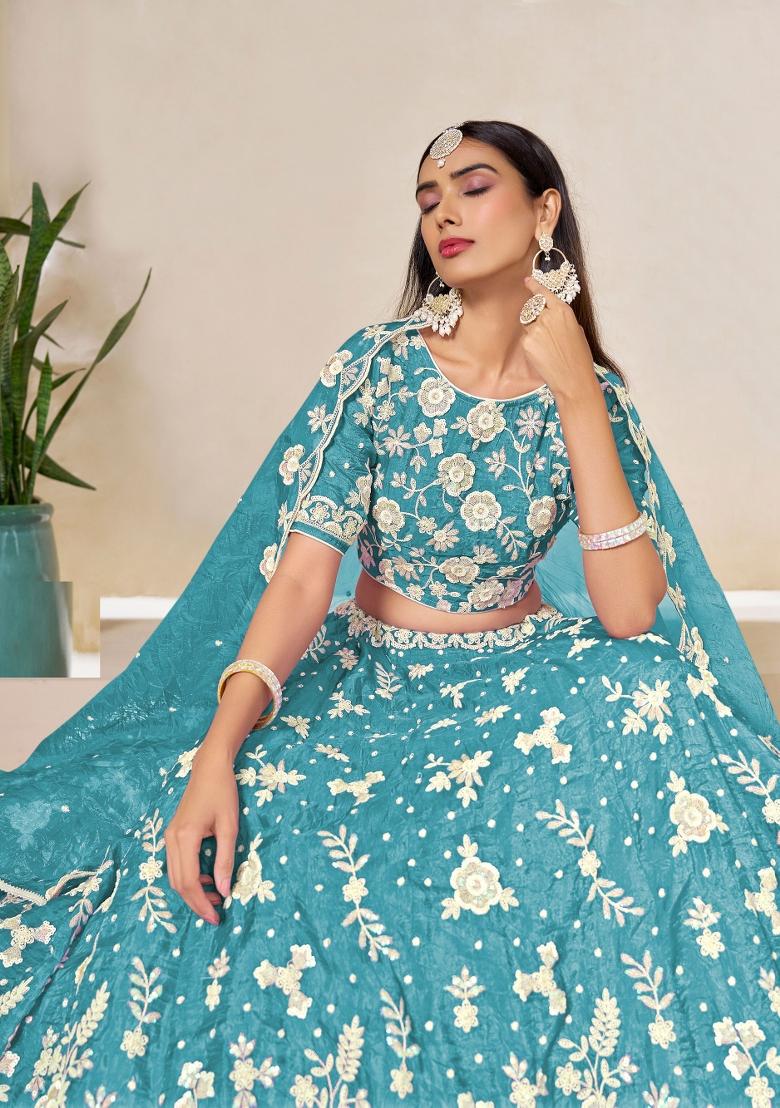 Blue Embroidered Organza Lehenga Set - Indya