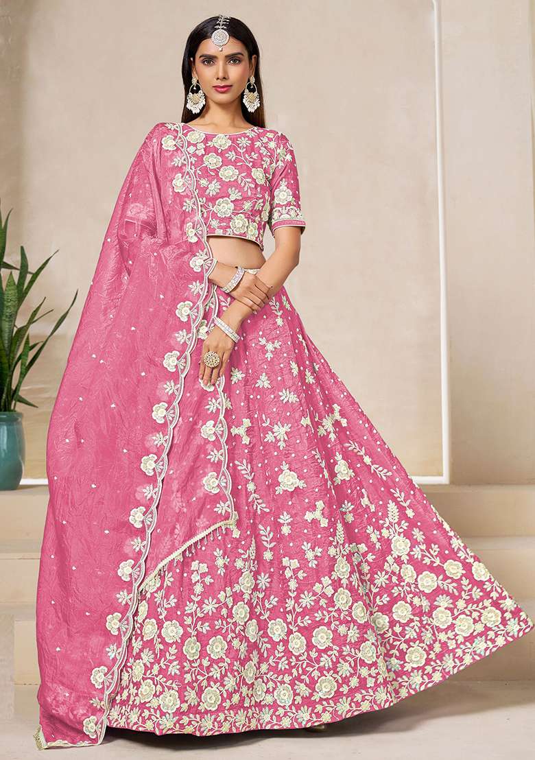Pink Embroidered Organza Lehenga Set for Diwali and Festive Wear - Indya