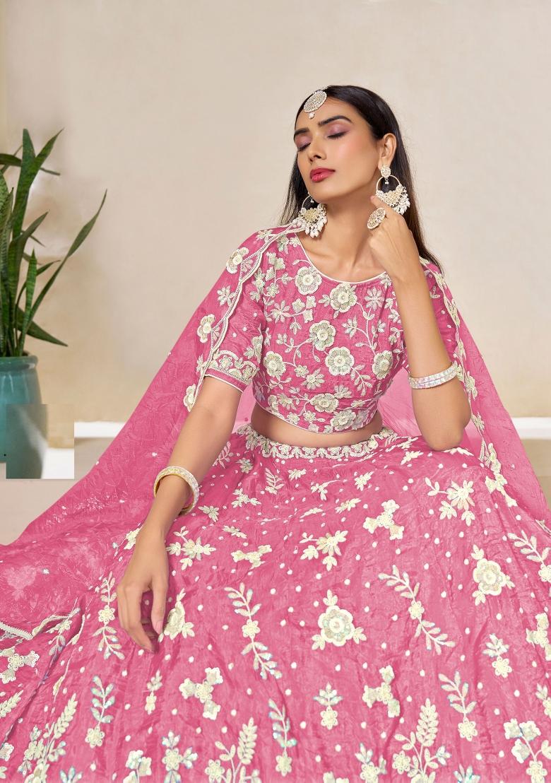 Pink Embroidered Organza Lehenga Set - Indya