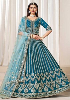Blue Embroidered Art Silk Lehenga Set