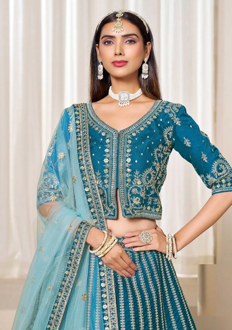 Blue Embroidered Art Silk Lehenga Set - Indya