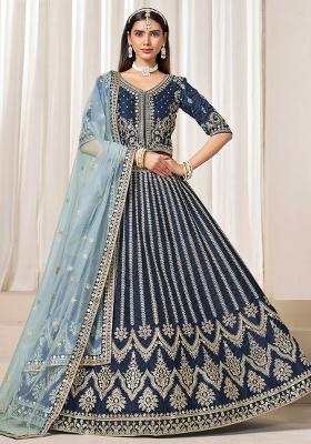 Blue Embroidered Art Silk Lehenga Set