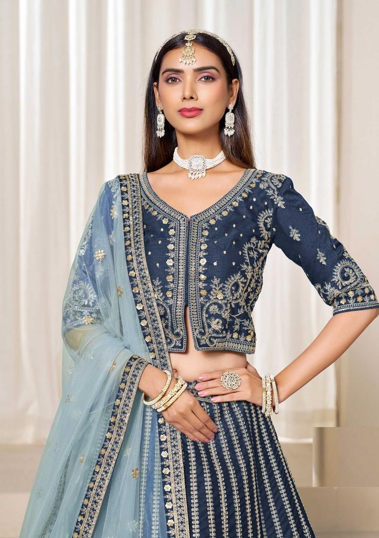 Blue Embroidered Art Silk Lehenga Set - Indya