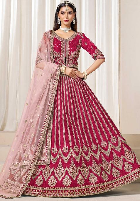 Rani Pink Embroidered Art Silk Lehenga Set — view on Indya