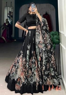 Black Printed Crepe Lehenga Set
