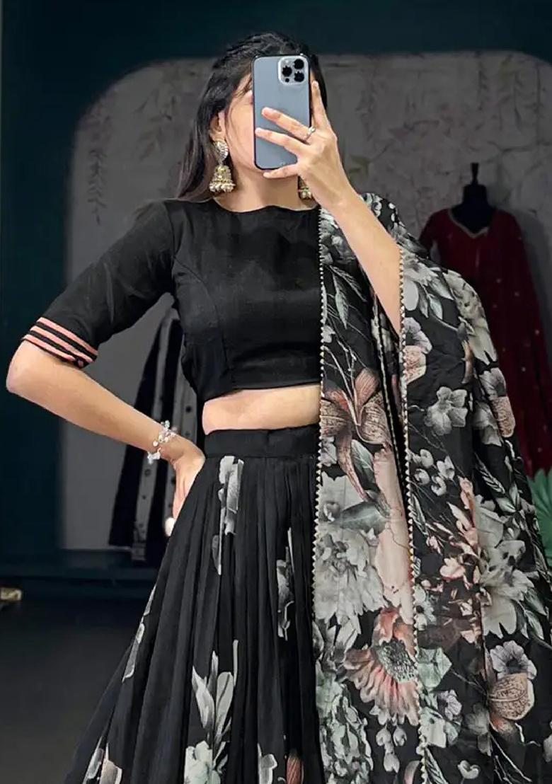 Black Printed Crepe Lehenga Set - Indya