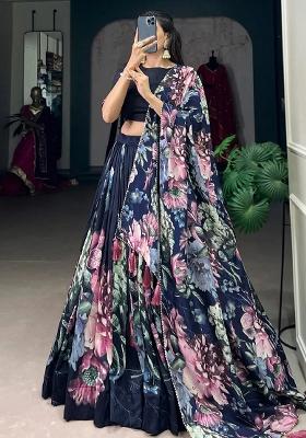 Blue Printed Crepe Lehenga Set