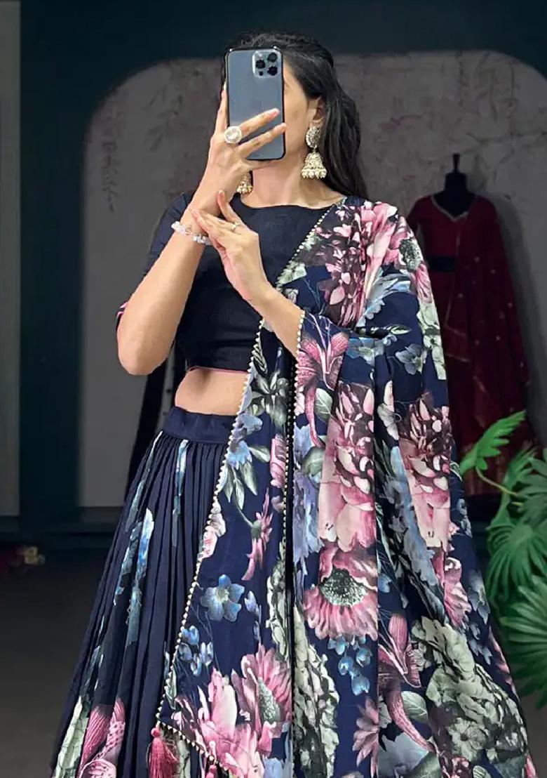 Blue Printed Crepe Lehenga Set - Indya