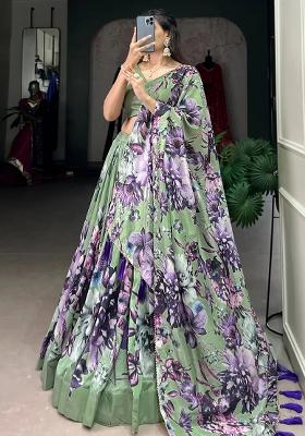 Green Printed Crepe Lehenga Set