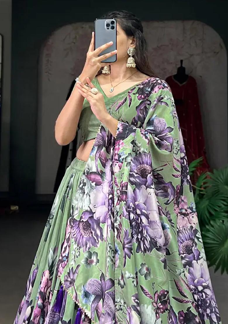 Green Printed Crepe Lehenga Set - Indya