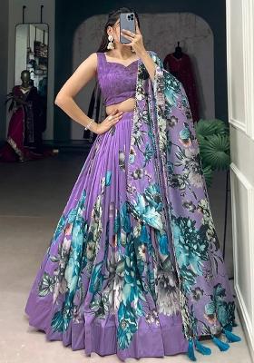 Purple Printed Crepe Lehenga Set