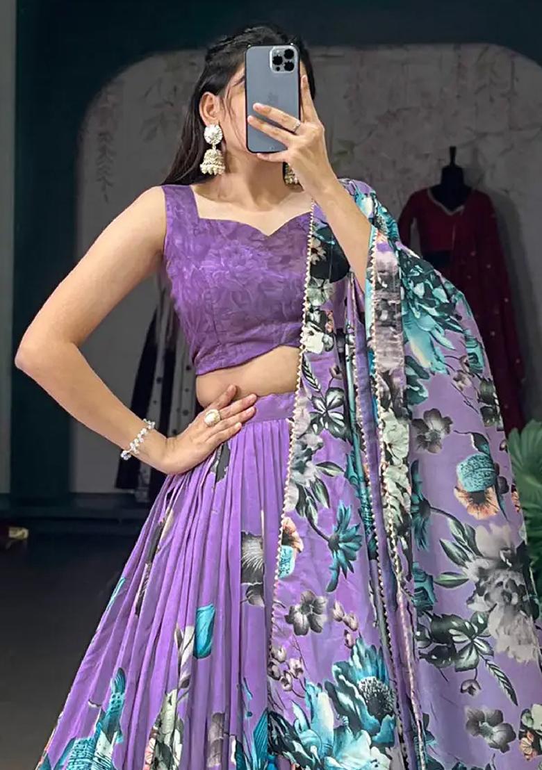 Purple Printed Crepe Lehenga Set - Indya