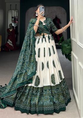 Green Printed Crepe Lehenga Set