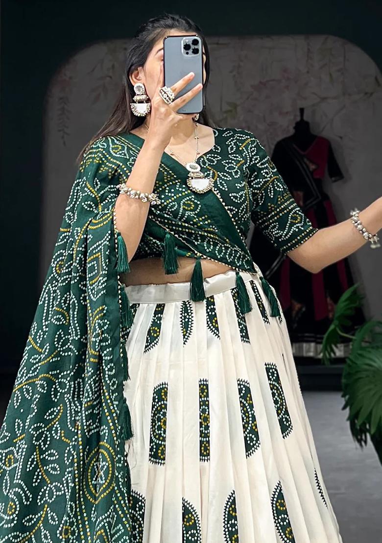 Green Printed Crepe Lehenga Set - Indya