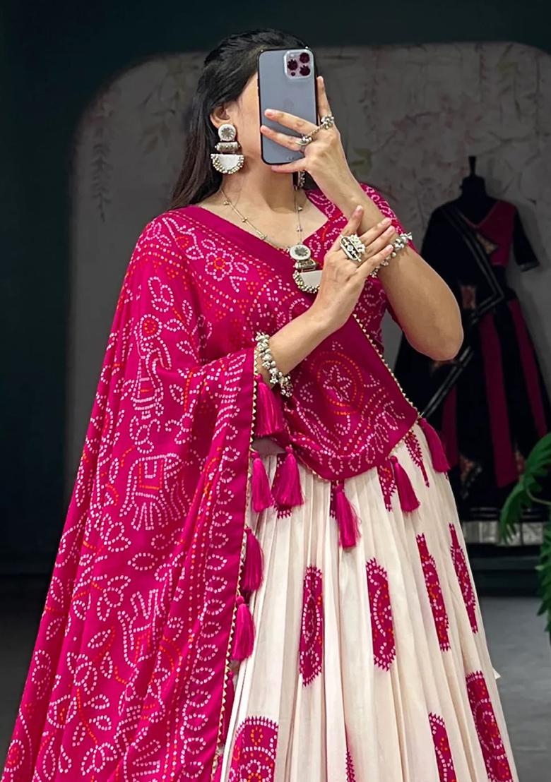 Pink Printed Crepe Lehenga Set - Indya