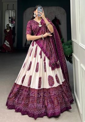 Purple Printed Crepe Lehenga Set