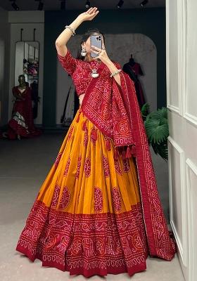 Red Printed Crepe Lehenga Set