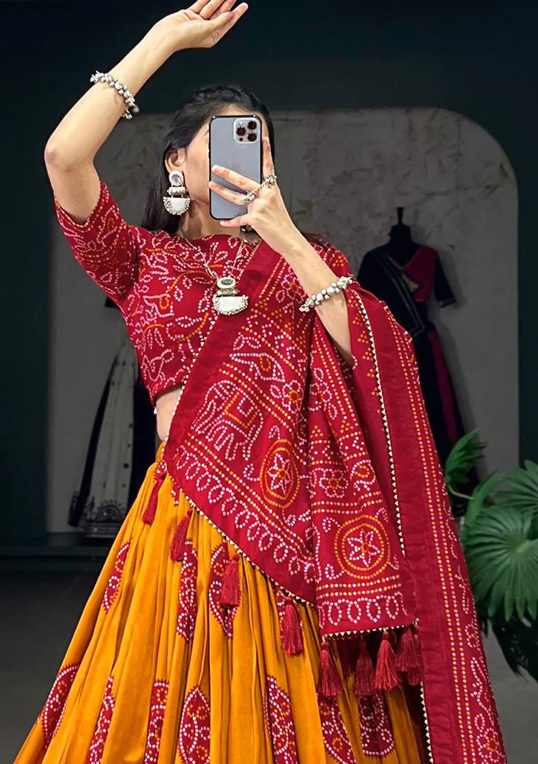 Red Printed Crepe Lehenga Set - Indya