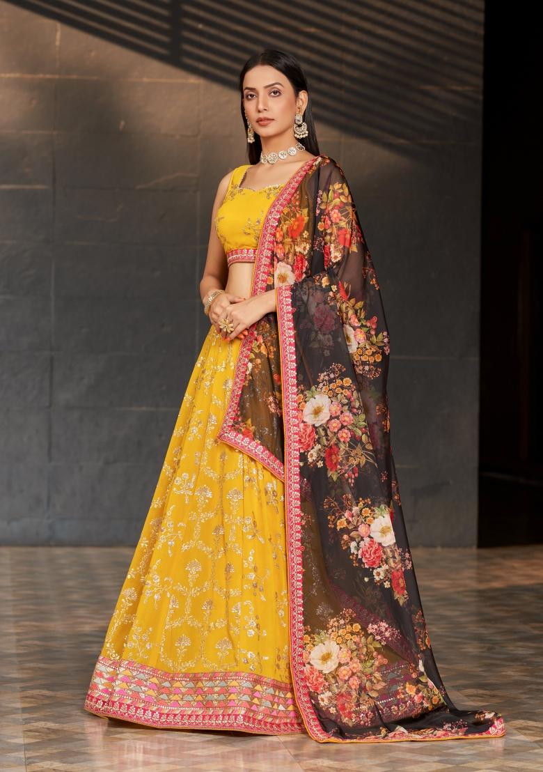 Yellow Embroidered Georgette Lehenga Choli Set - Indya
