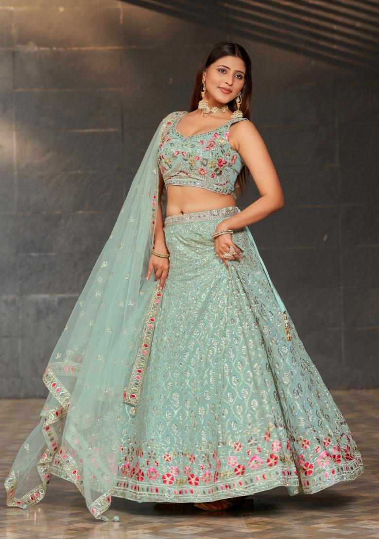 Sky Blue Embroidered Georgette Lehenga Choli Set - Indya