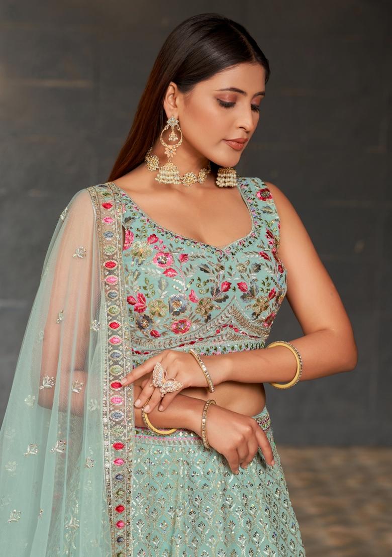 Sky Blue Embroidered Georgette Lehenga Choli Set - Indya