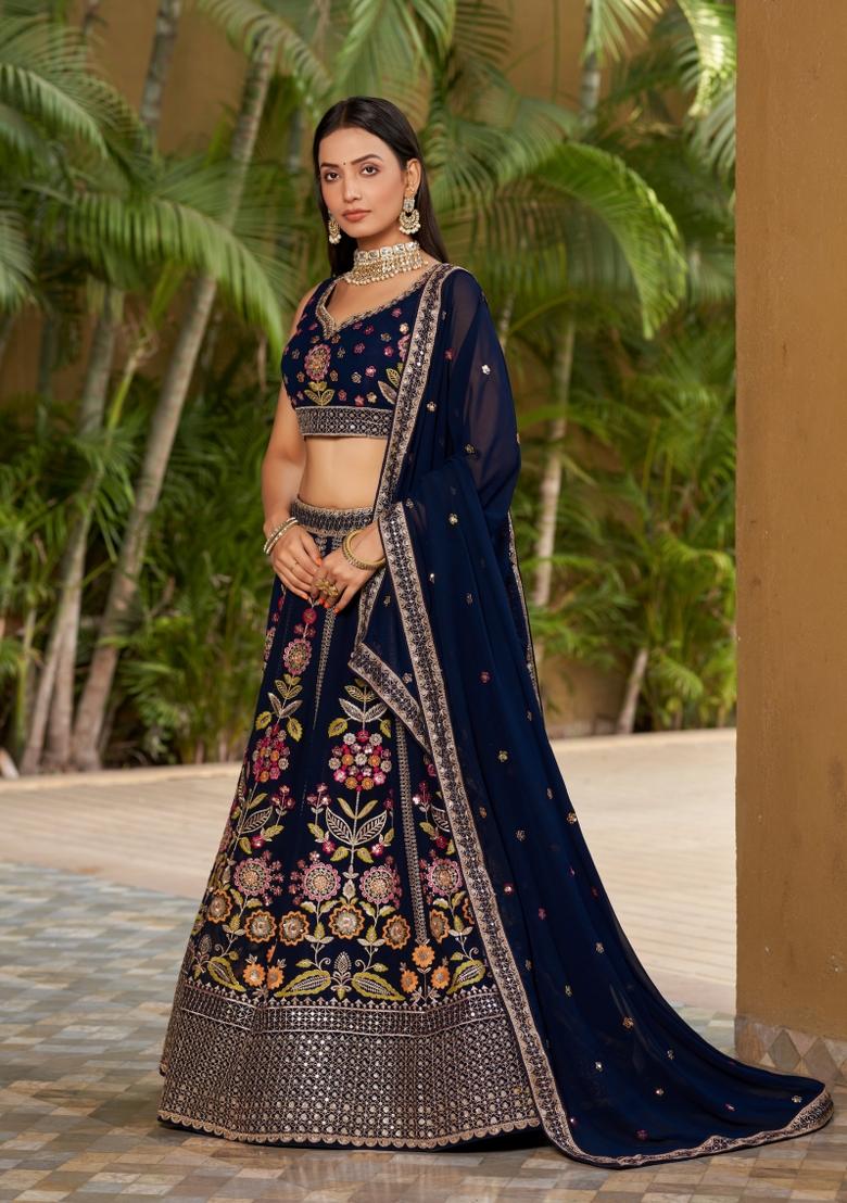 Navy Blue Embroidered Georgette Lehenga Choli Set - Indya