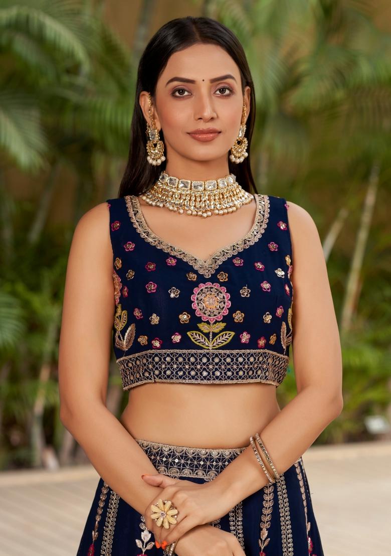 Navy Blue Embroidered Georgette Lehenga Choli Set - Indya