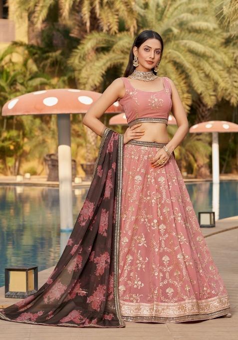 Pink Embroidered Georgette Lehenga Choli Set