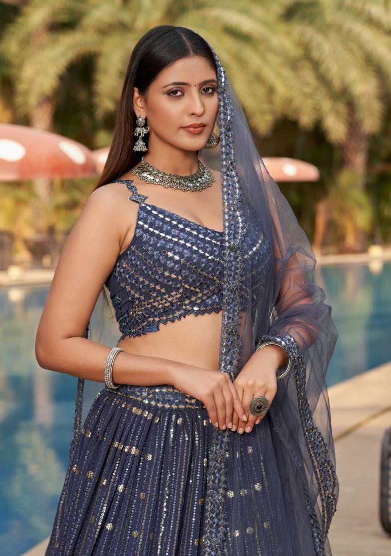 Grey Embroidered Georgette Lehenga Choli Set - Indya