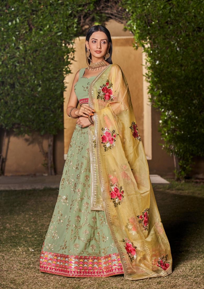 Pista Embroidered Georgette Lehenga Choli Set - Indya