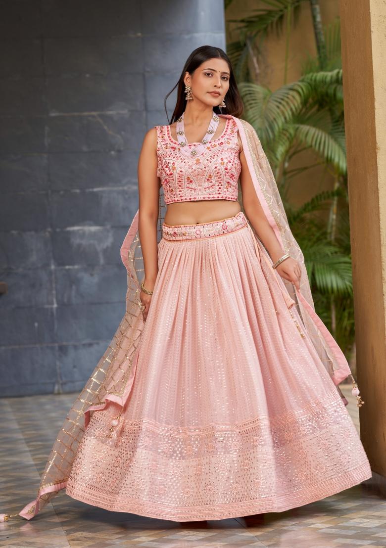 Pink Embroidered Art Silk Lehenga Choli Set