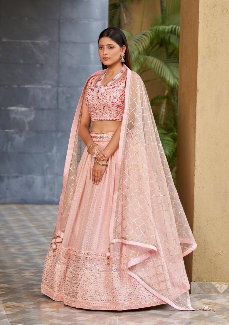 Pink Embroidered Art Silk Lehenga Choli Set