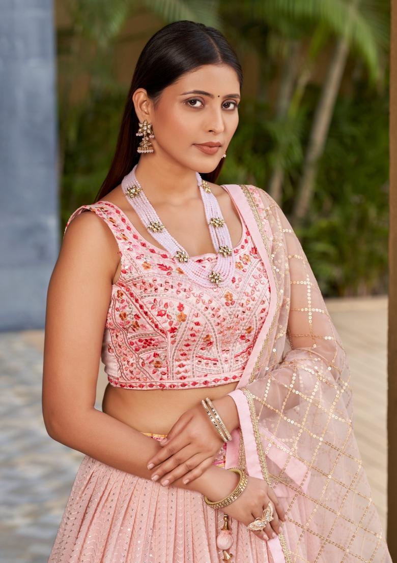 Pink Embroidered Art Silk Lehenga Choli Set