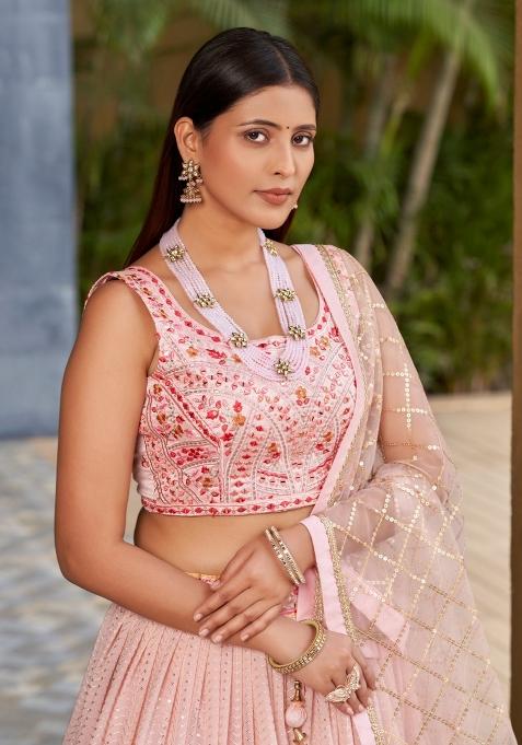 Pink Embroidered Art Silk Lehenga Choli Set