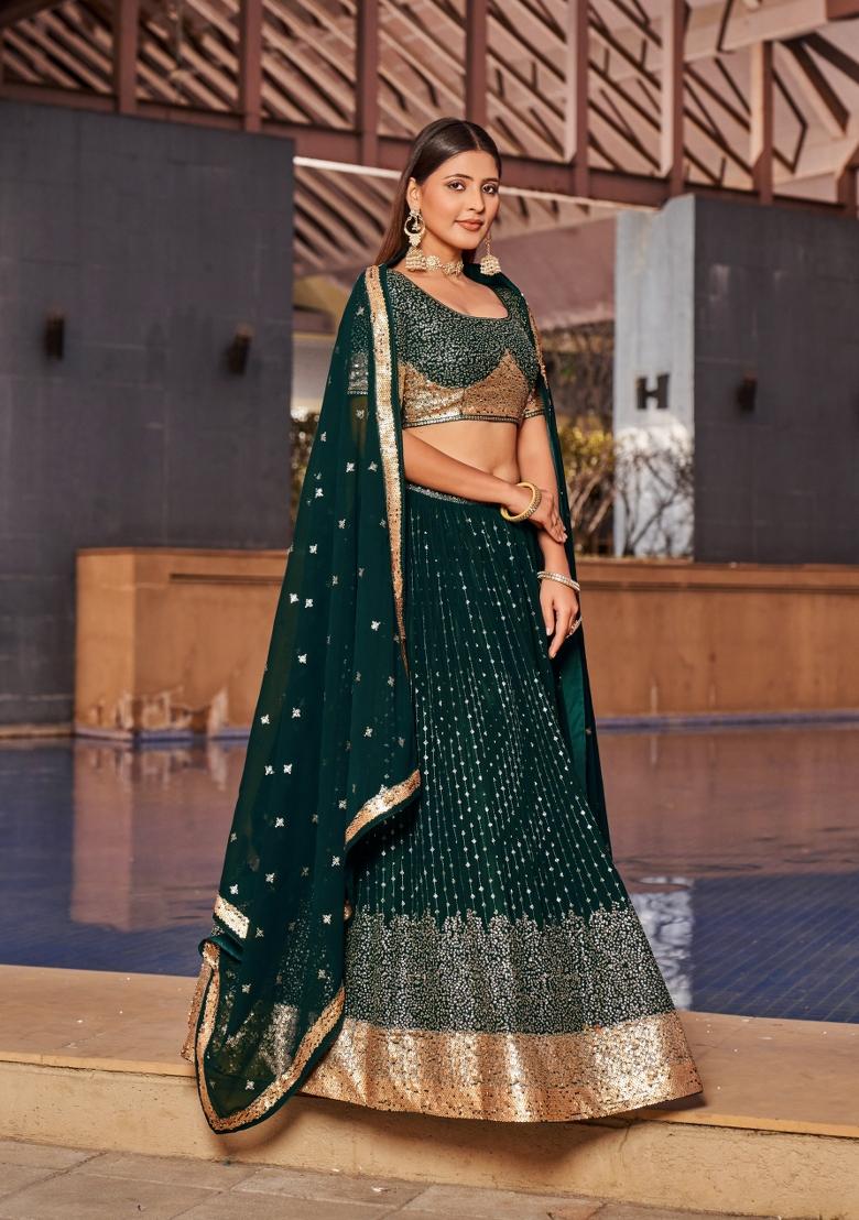Green Embroidered Georgette Lehenga Choli Set - Indya